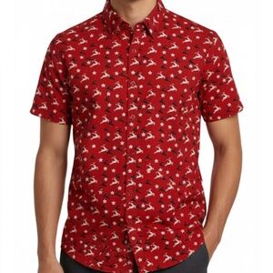 MONUMENT Reindeer Stars Casual Button Up Shirt, Men’s M, Red White Black
